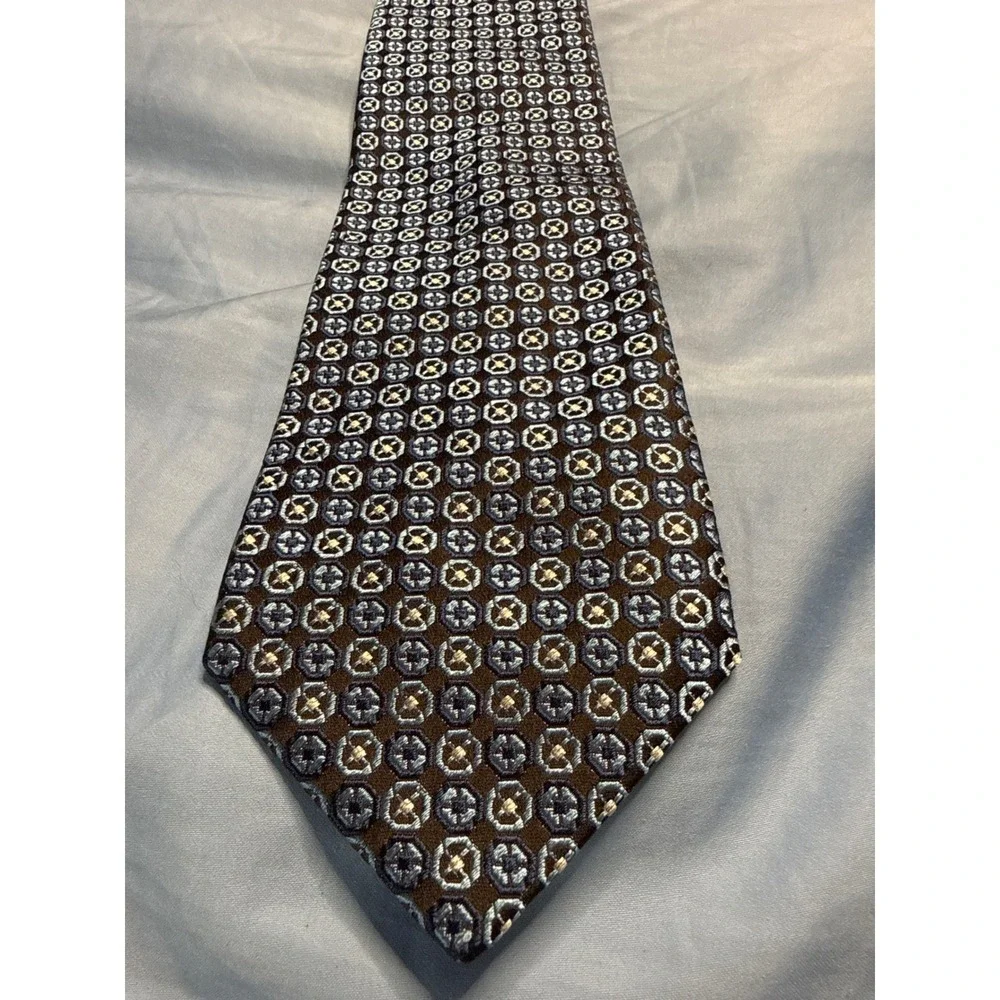 Men's 3.5 Inch Silk Tie Brown Blue Geometric‎ Medallion Italy Luxury Preppy